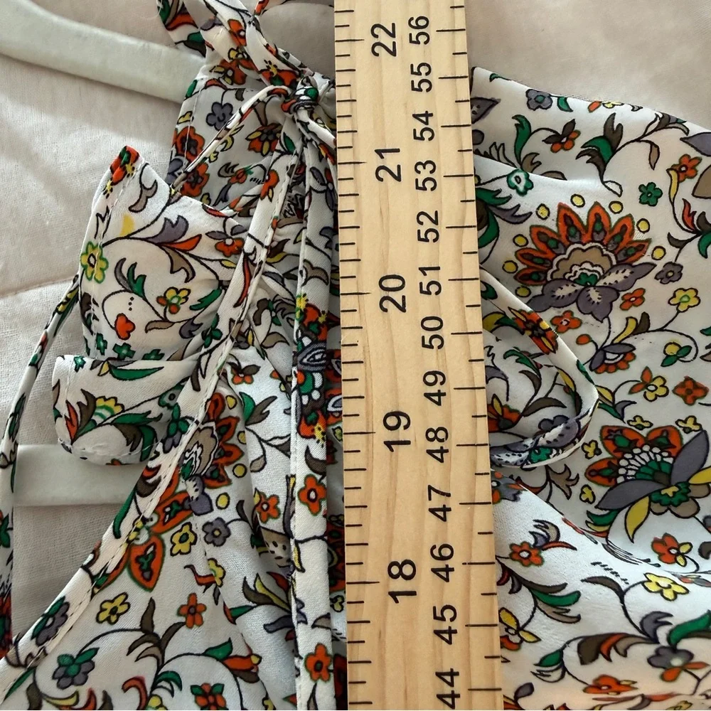 Tory Burch 100% Silk Botanical Woodblock Print Peasant Blouse Size 8 Boho Chic